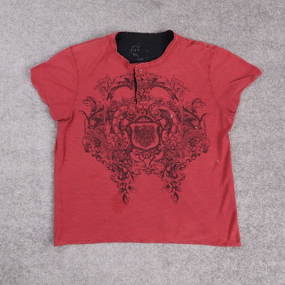 Y2K Helix Thrashed Graphic Print XL Red Short Sleeve 1/4 Button T-Shirt - Picture 1 of 12